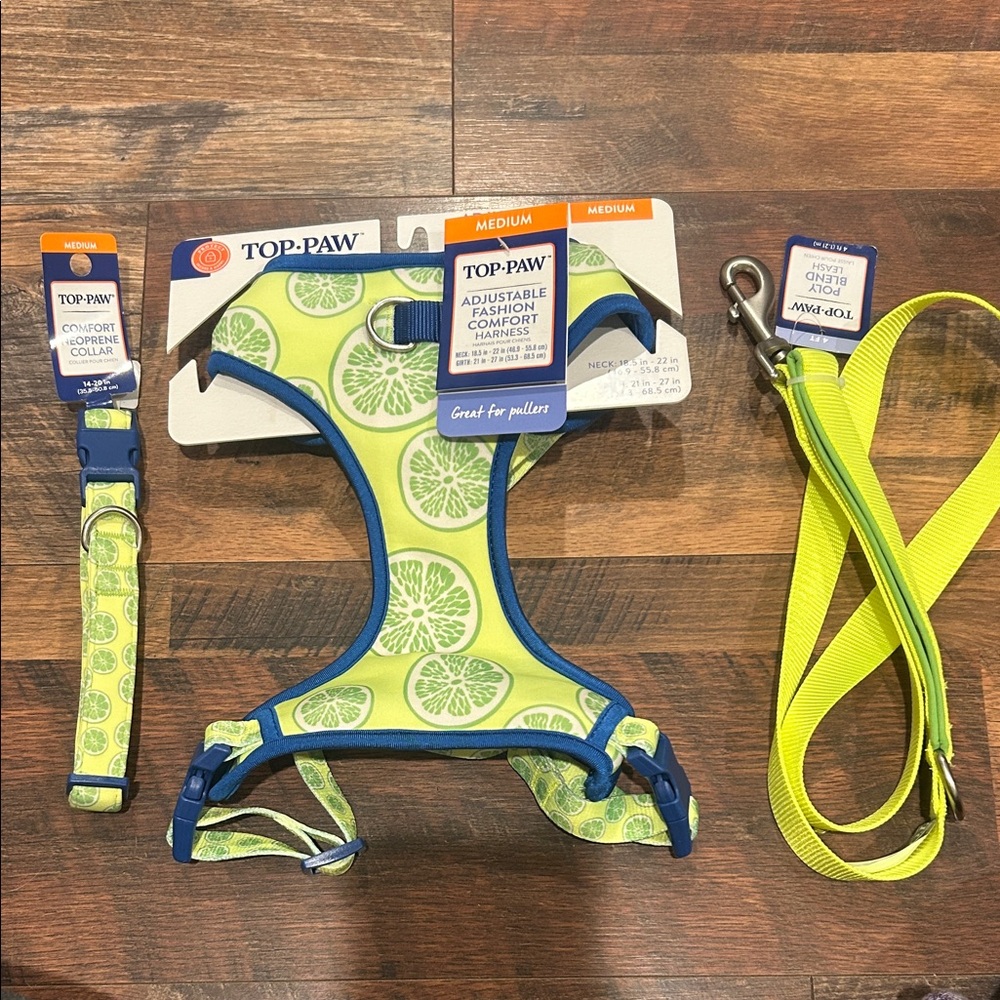 Top Paw Lime Print Dog Harness, Collar and Leash Set- Medium